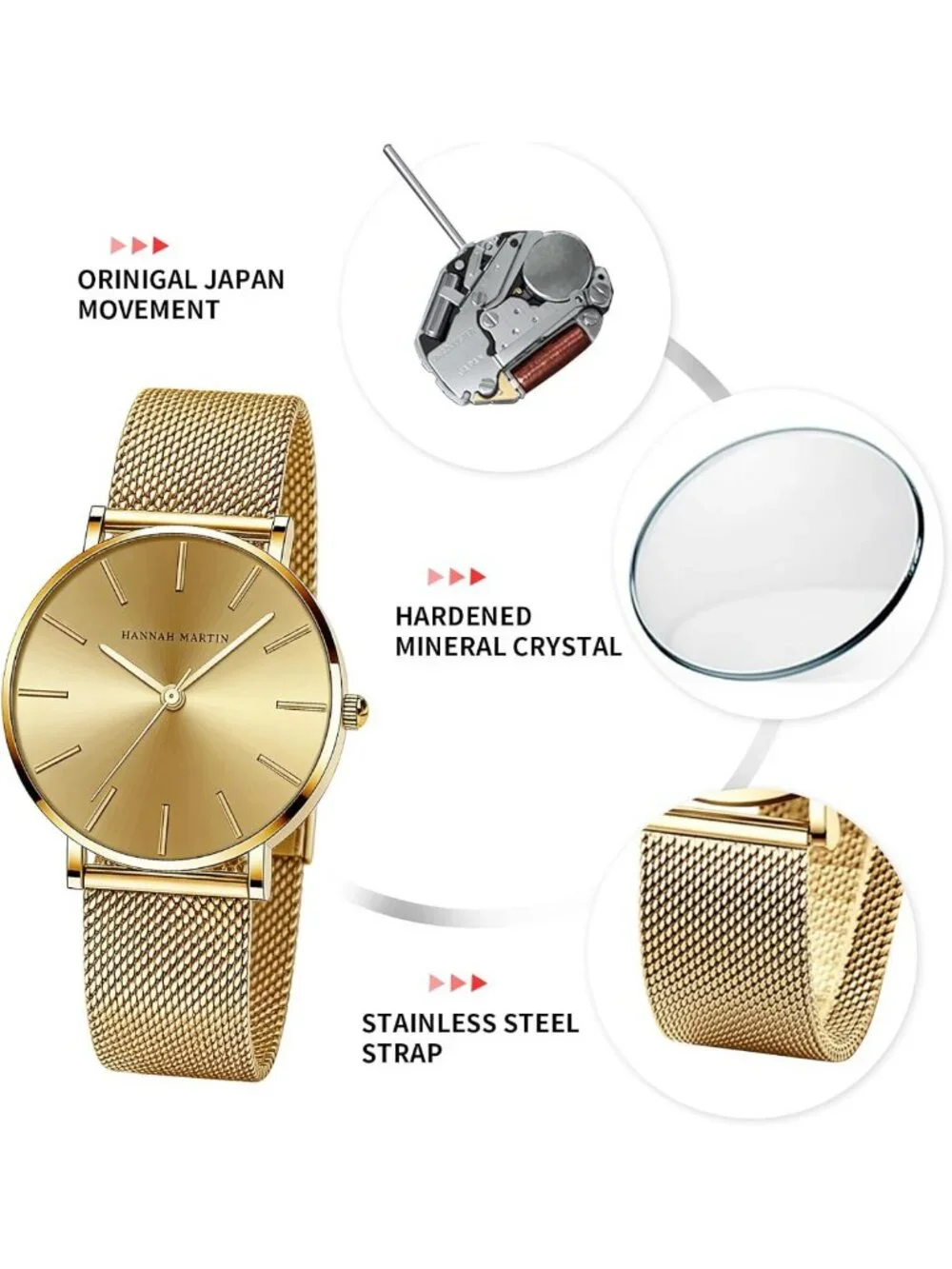 Luxury Vintage Gold Watch for Women, 36mm Round Case, Stainless Steel Band